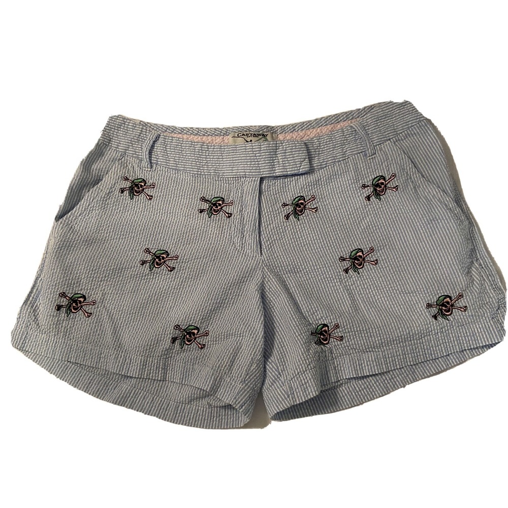 Castaway Clothing Light Green Seersucker Striped Skull 4" Shorts, Size